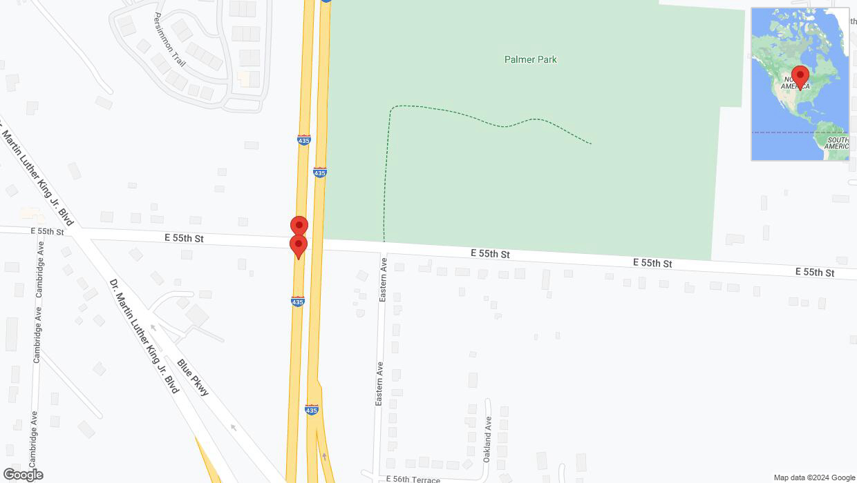 A detailed map that shows the affected road due to 'Broken down vehicle on southbound I-435 in Kansas City' on July 12th at 2:32 p.m.