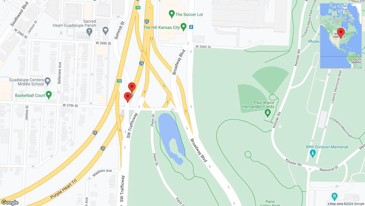 A detailed map that shows the affected road due to 'Broken down vehicle on northbound I-35 in Kansas City' on July 12th at 1:08 p.m.