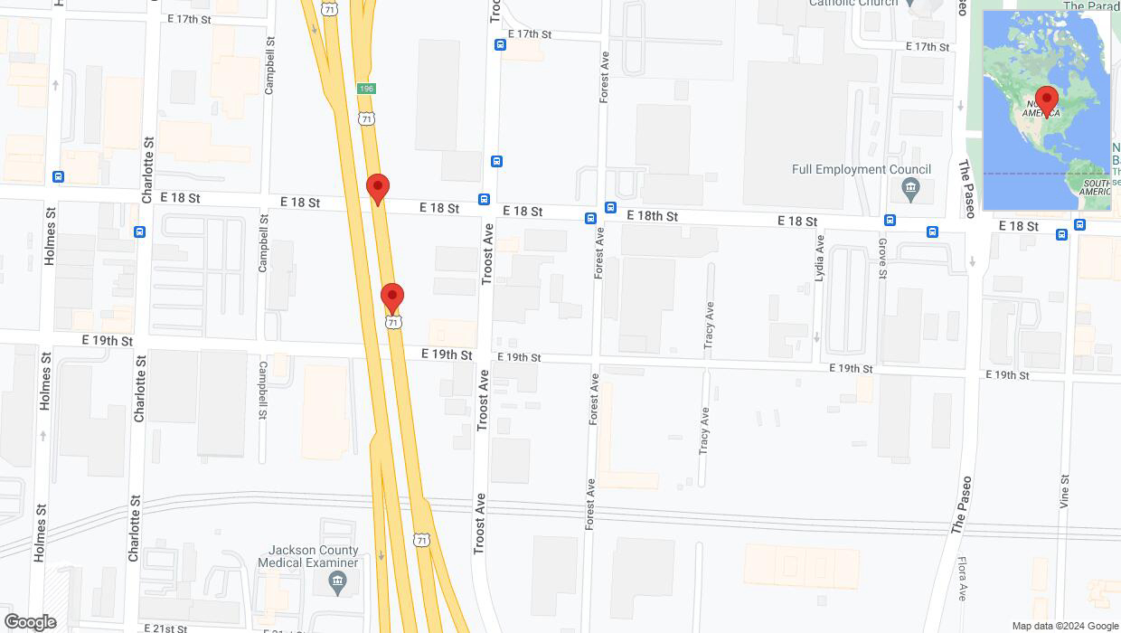 A detailed map that shows the affected road due to 'Broken down vehicle on northbound US-71 in Kansas City' on July 12th at 1:50 p.m.