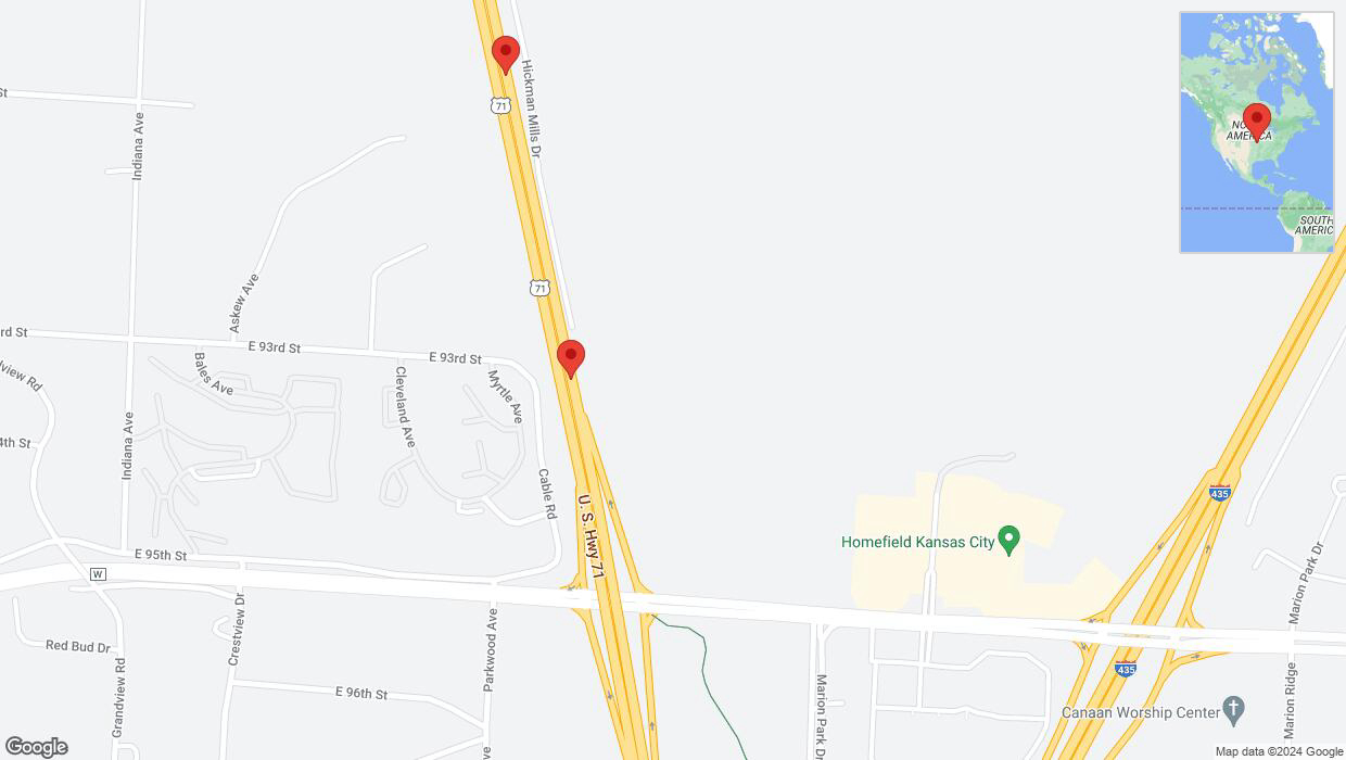 A detailed map that shows the affected road due to 'Broken down vehicle on northbound I-40/US-71 in Kansas City' on July 12th at 1:50 p.m.