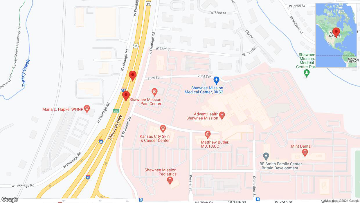 A detailed map that shows the affected road due to 'Broken down vehicle on eastbound I-35 in Merriam' on July 12th at 2:20 p.m.
