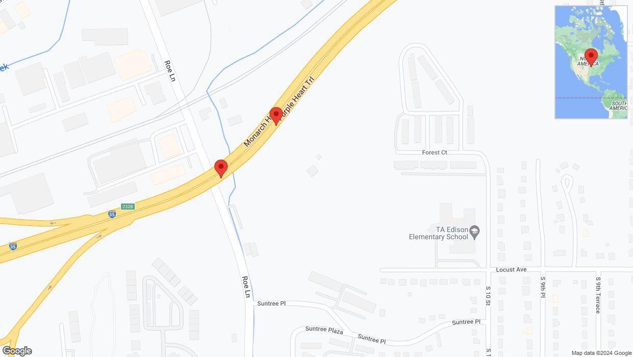 A detailed map that shows the affected road due to 'Crash reported on northbound I-35 in Kansas City' on July 12th at 2:44 p.m.