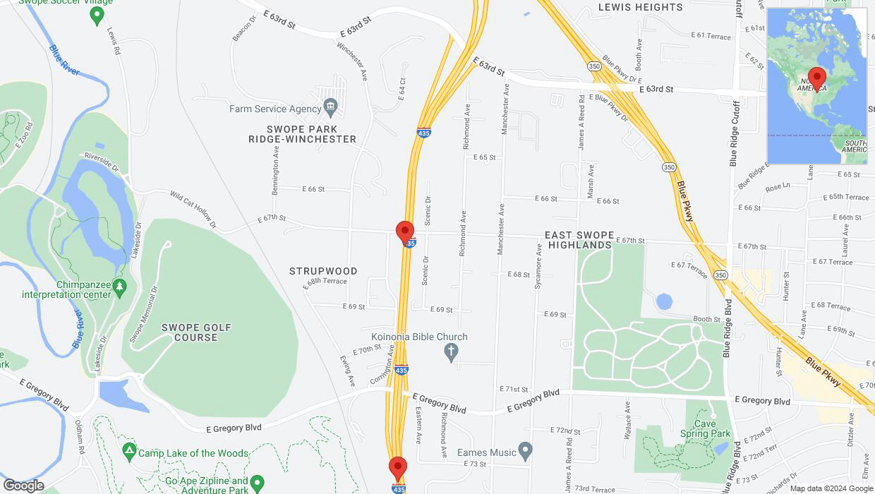 A detailed map that shows the affected road due to 'Warning in Kansas City: Crash reported on southbound I-435' on July 12th at 2:32 p.m.