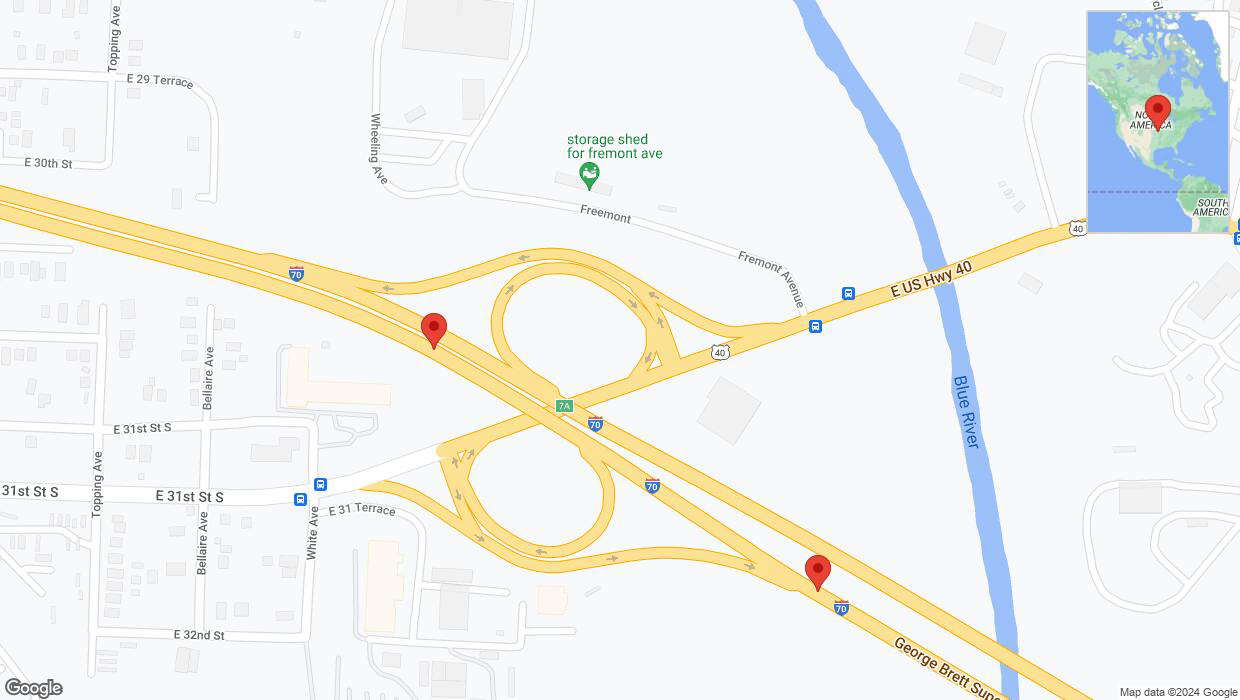 A detailed map that shows the affected road due to 'Broken down vehicle on eastbound I-70 in Kansas City' on July 12th at 2:38 p.m.