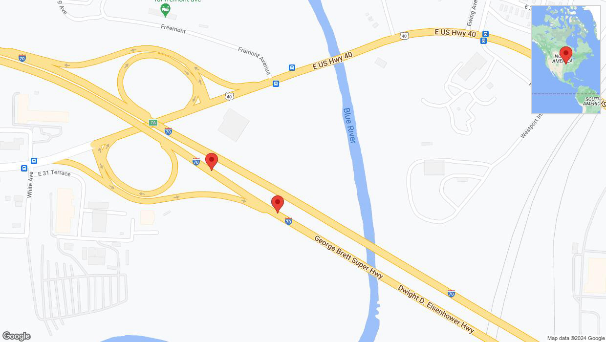 A detailed map that shows the affected road due to 'Broken down vehicle on eastbound I-70 in Kansas City' on July 12th at 3:02 p.m.