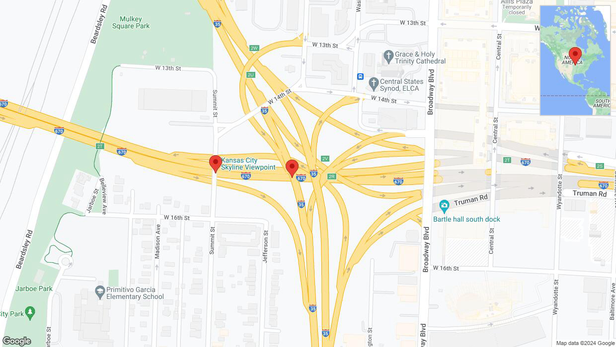 A detailed map that shows the affected road due to 'Broken down vehicle on eastbound I-670 in Kansas City' on July 12th at 4:44 p.m.