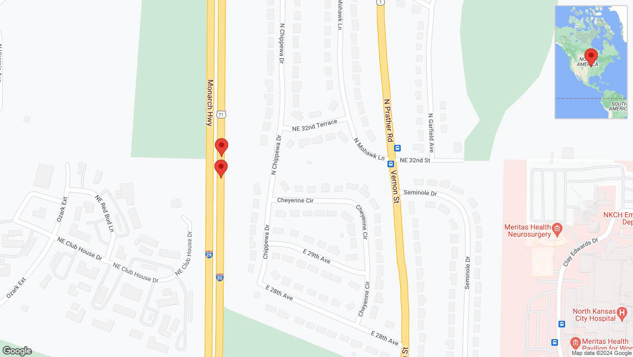 A detailed map that shows the affected road due to 'Broken down vehicle on northbound I-29/I-35 in North Kansas City' on July 12th at 4:56 p.m.