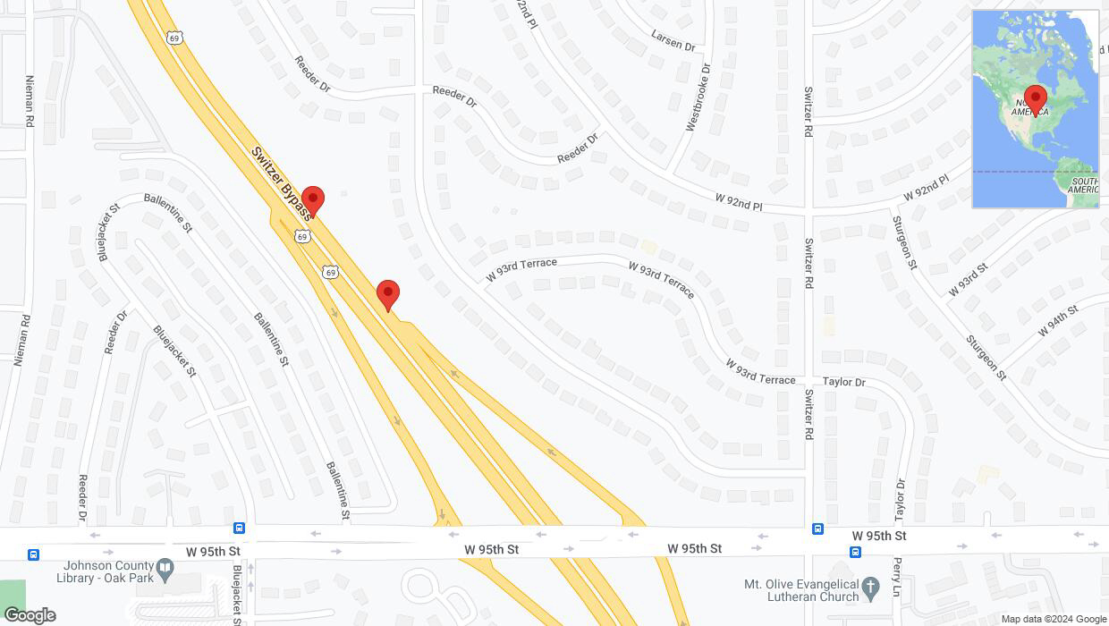 A detailed map that shows the affected road due to 'Broken down vehicle on northbound US-69 in Overland Park' on July 12th at 5:32 p.m.