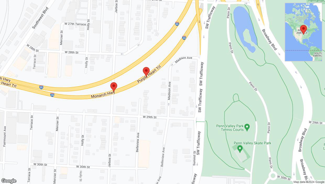 A detailed map that shows the affected road due to 'Broken down vehicle on northbound I-35 in Kansas City' on July 12th at 6:44 p.m.