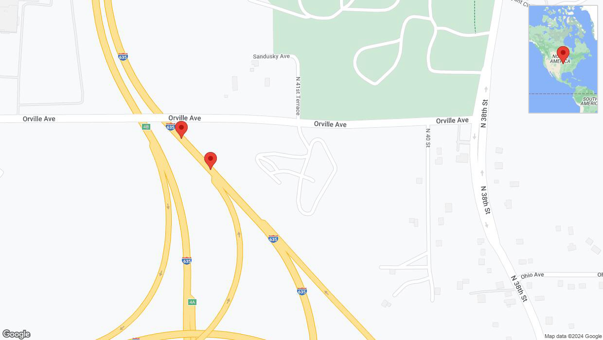 A detailed map that shows the affected road due to 'Warning in Kansas City: Crash reported on northbound I-635' on July 12th at 6:44 p.m.