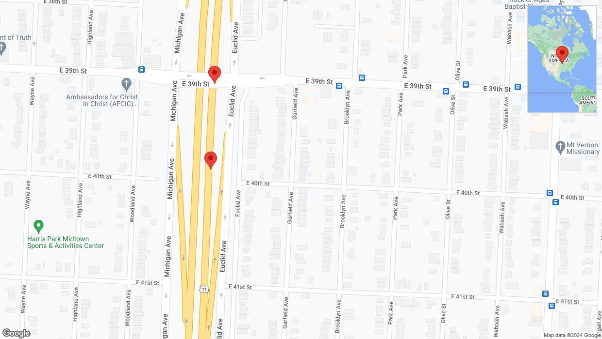 A detailed map that shows the affected road due to 'Broken down vehicle on northbound the Bruce R Watkins Expressway/US-71 in Kansas City' on July 12th at 6:44 p.m.