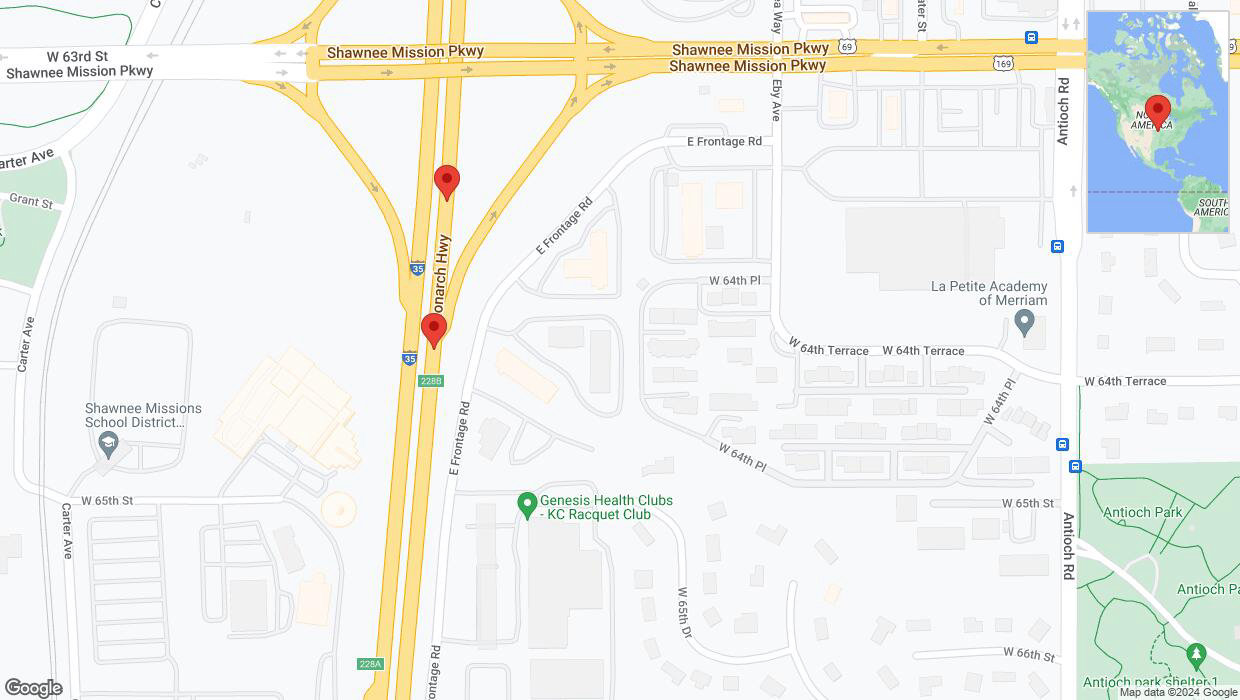 A detailed map that shows the affected road due to 'Broken down vehicle on northbound I-35 in Merriam' on July 12th at 7:20 p.m.