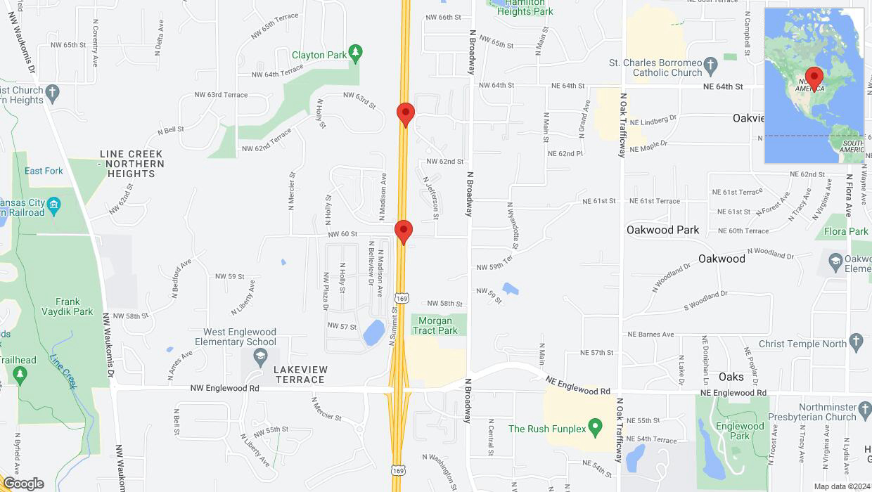 A detailed map that shows the affected road due to 'Broken down vehicle on northbound US-169 in Kansas City' on July 12th at 7:44 p.m.