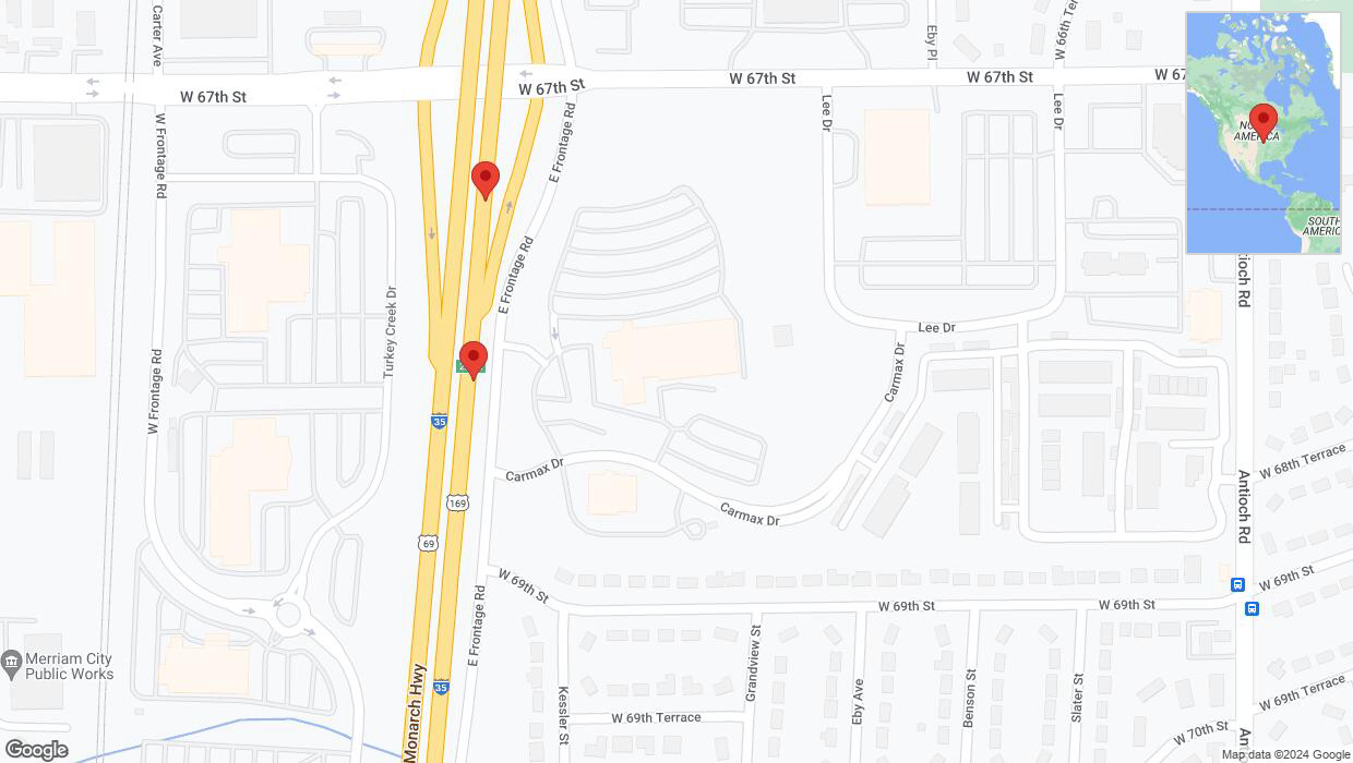 A detailed map that shows the affected road due to 'Broken down vehicle on eastbound I-35 in Merriam' on July 12th at 8:02 p.m.