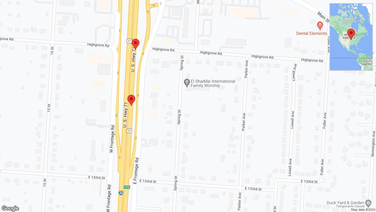 A detailed map that shows the affected road due to 'Broken down vehicle on northbound I-40/US-71 in Grandview' on July 12th at 8:14 p.m.