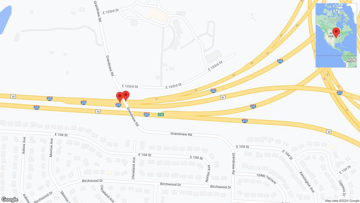 A detailed map that shows the affected road due to 'Broken down vehicle on East 104 Street in Kansas City' on July 12th at 8:20 p.m.