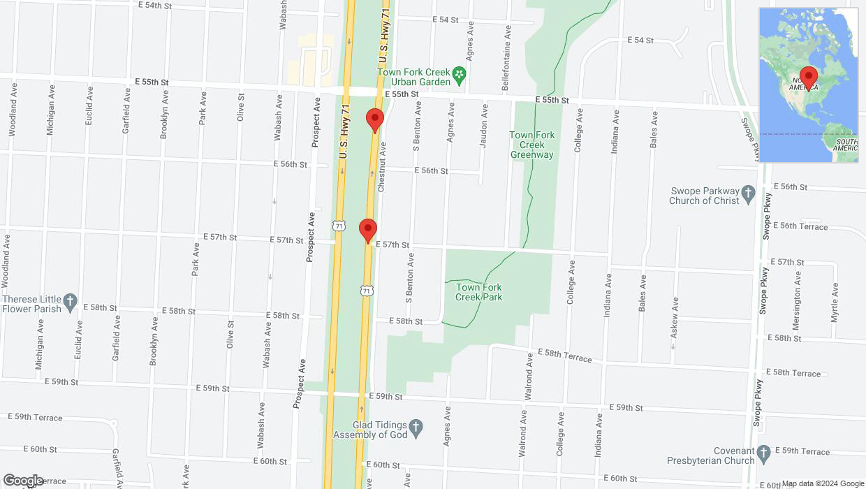 A detailed map that shows the affected road due to 'Broken down vehicle on northbound the Bruce R Watkins Expressway/US-71 in Kansas City' on July 12th at 9:20 p.m.