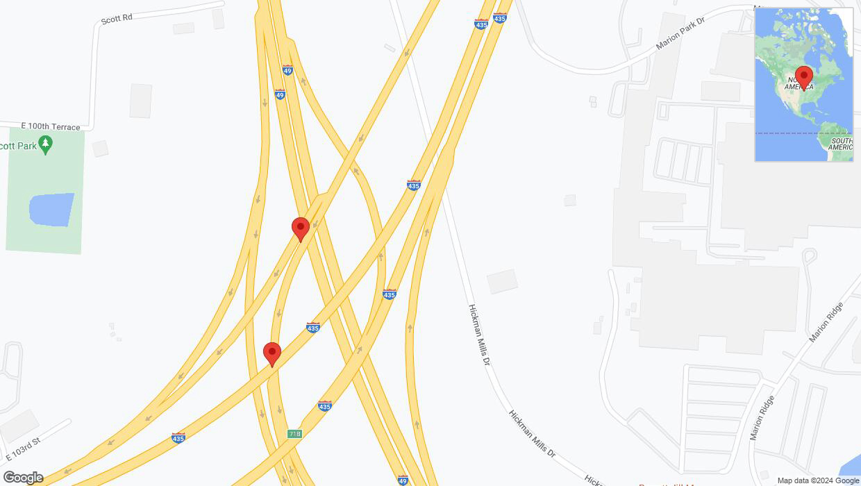 A detailed map that shows the affected road due to 'Broken down vehicle on the U. S. Highway 71 in Kansas City' on July 12th at 8:14 p.m.