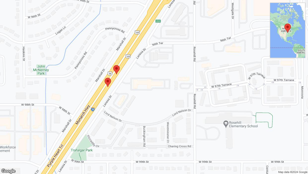 A detailed map that shows the affected road due to 'Broken down vehicle on eastbound I-35 in Lenexa' on July 12th at 8:50 p.m.