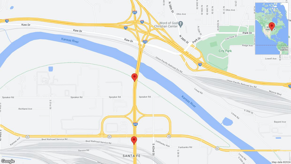 A detailed map that shows the affected road due to 'Lane on I-635 closed in Kansas City' on July 12th at 10:14 p.m.
