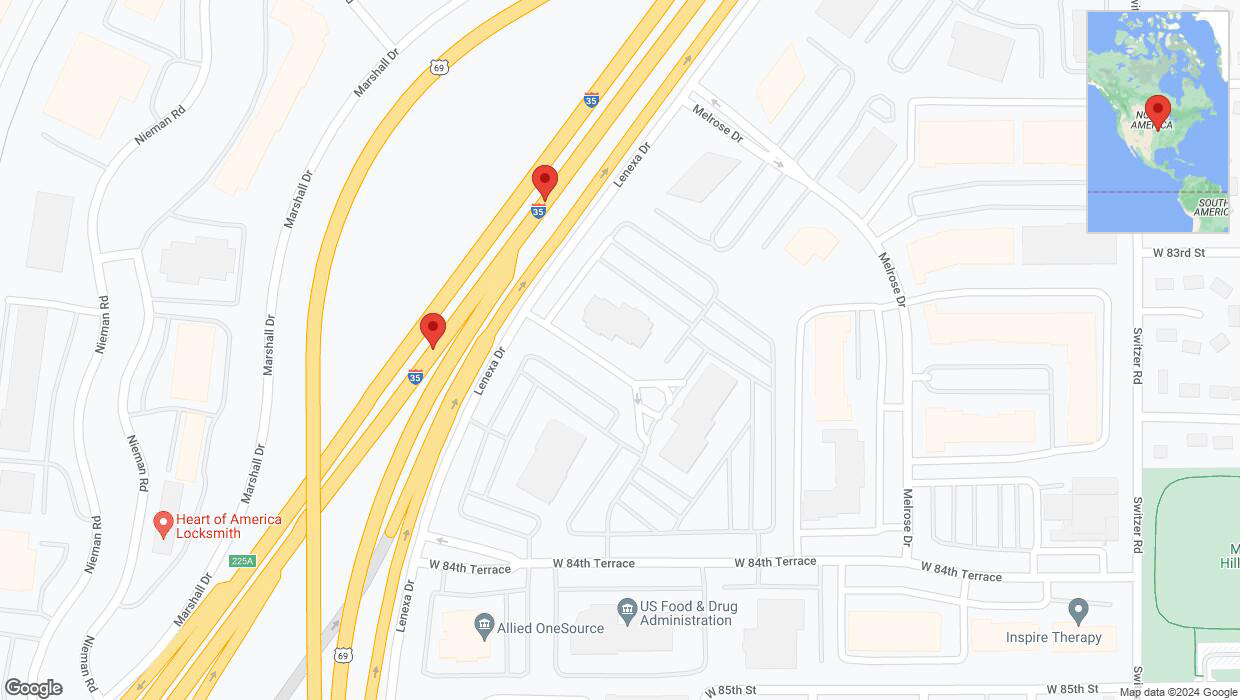 A detailed map that shows the affected road due to 'Broken down vehicle on eastbound I-35 in Lenexa' on July 12th at 11:08 p.m.