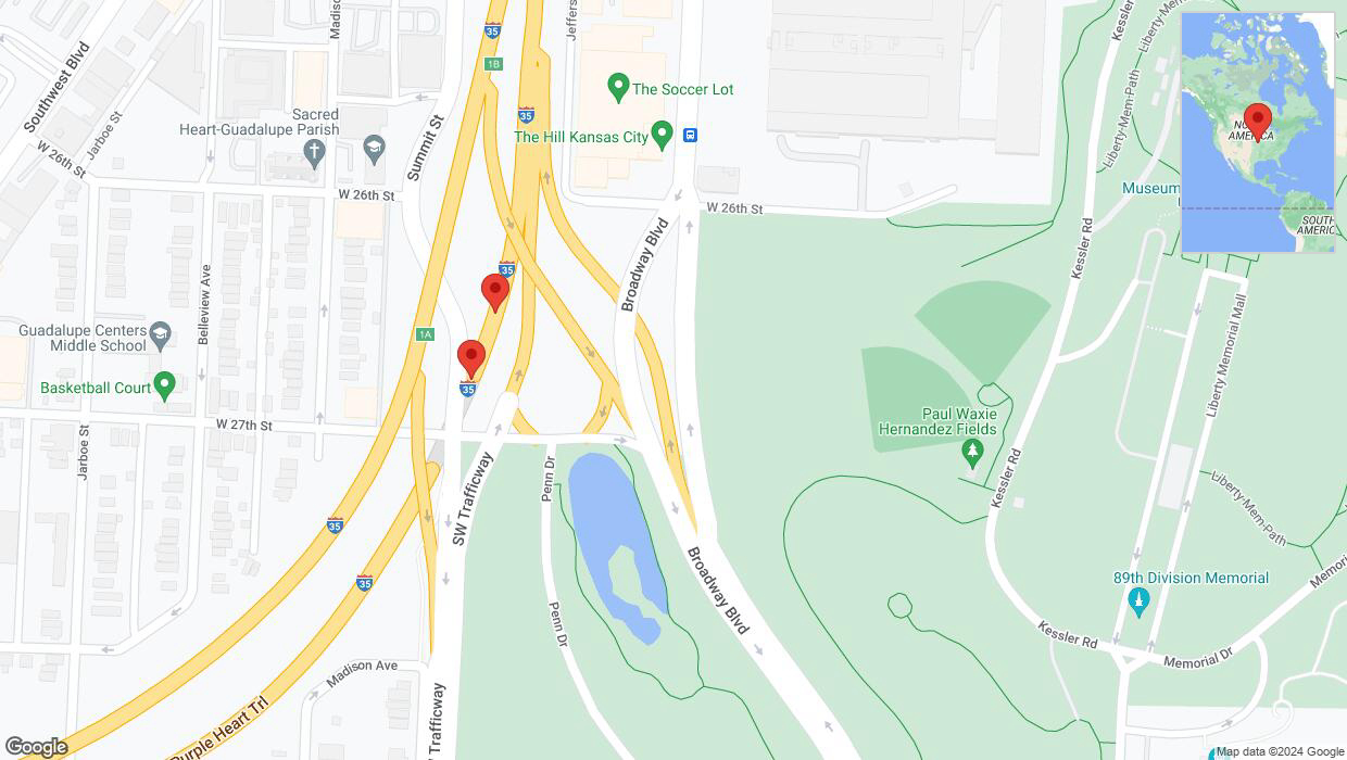 A detailed map that shows the affected road due to 'Warning: Crash on northbound I-35 in Kansas City' on July 14th at 5:49 a.m.