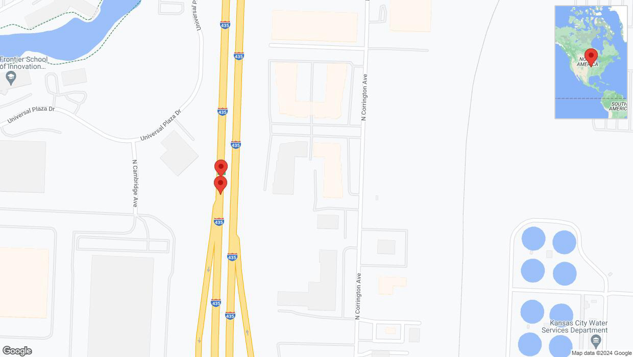 A detailed map that shows the affected road due to 'Broken down vehicle on southbound I-435 in Kansas City' on July 14th at 6:43 a.m.