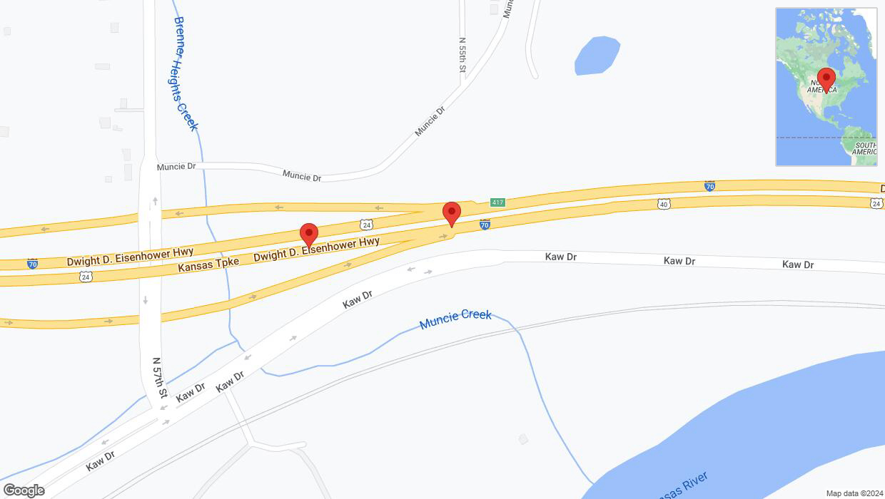 A detailed map that shows the affected road due to 'Warning: Crash on eastbound I-70 in Kansas City' on July 14th at 7:47 a.m.