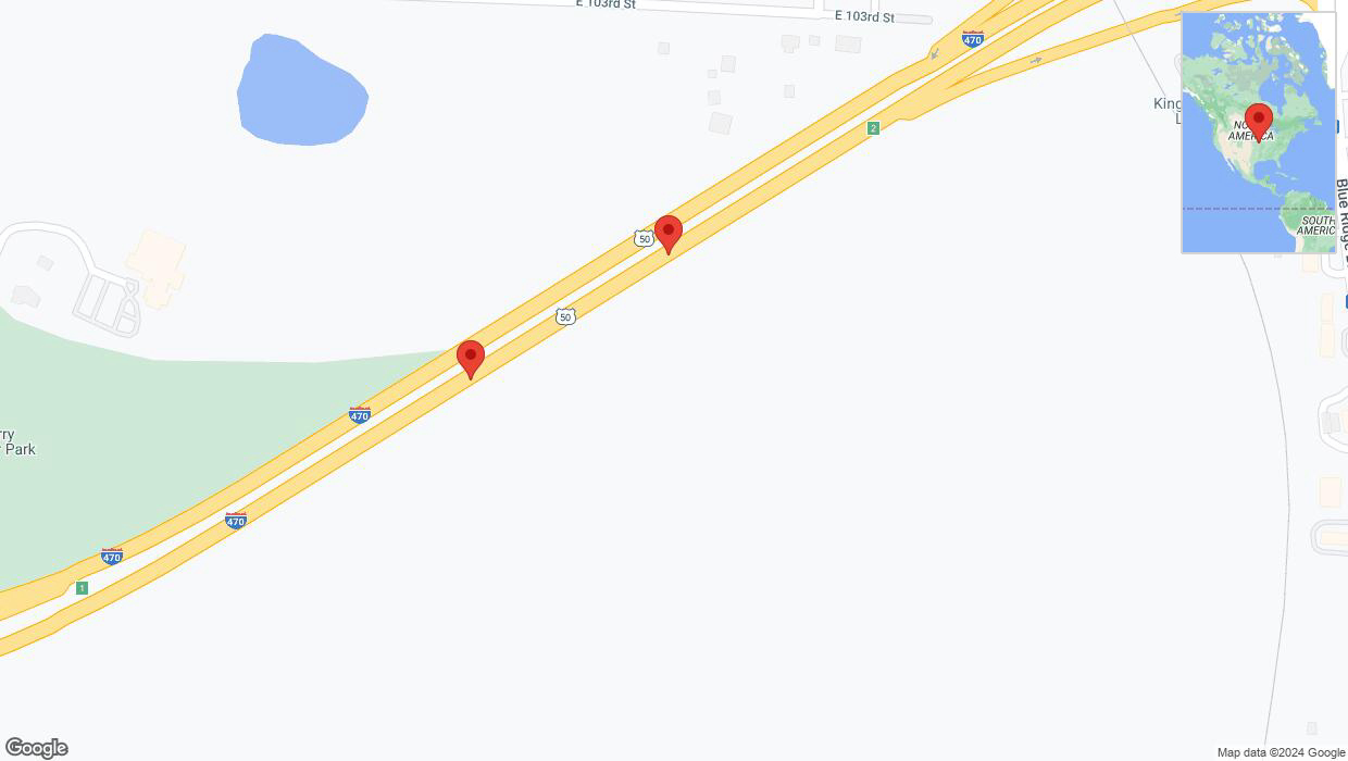 A detailed map that shows the affected road due to 'Broken down vehicle on eastbound I-470 in Kansas City' on July 14th at 7:29 a.m.