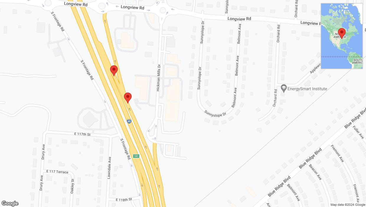 A detailed map that shows the affected road due to 'Crash reported on Hickman Mills Drive in Kansas City' on July 14th at 8:59 a.m.