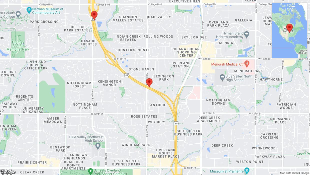 A detailed map that shows the affected road due to 'Lane on US-69 closed in Overland Park' on July 14th at 1:16 p.m.