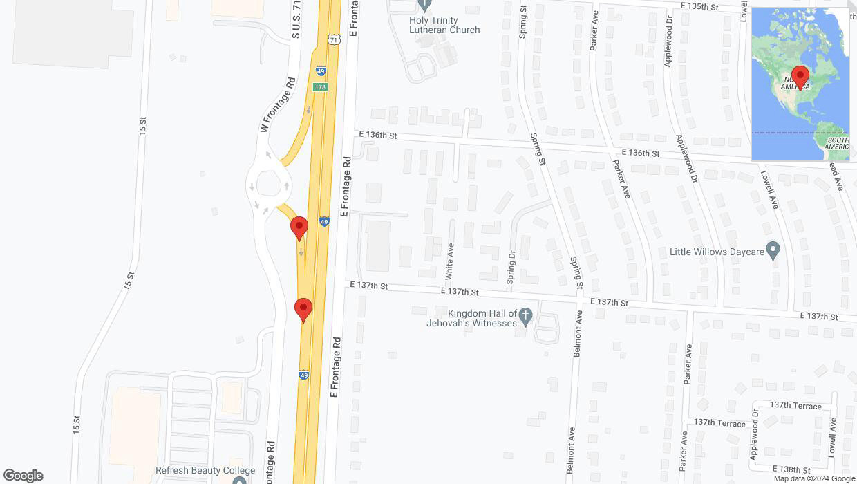 A detailed map that shows the affected road due to 'Warning: Crash on the U. S. Highway 71 in Grandview' on July 14th at 2:21 p.m.