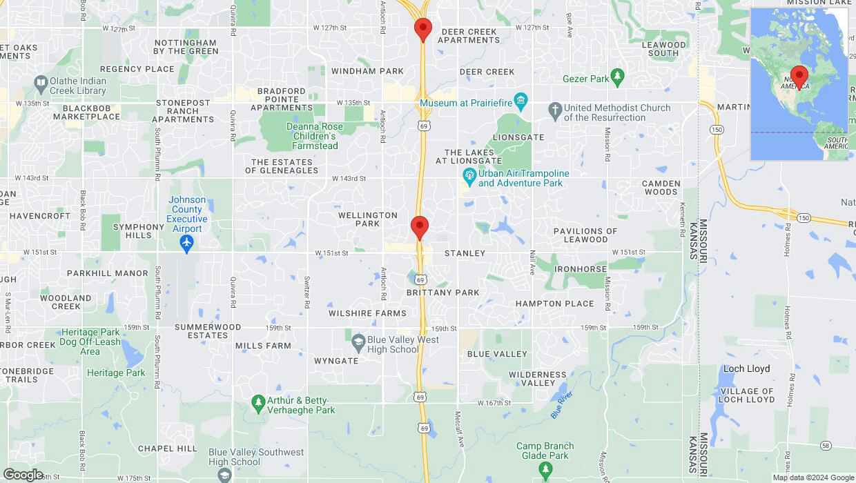 A detailed map that shows the affected road due to 'Lane on US-69 closed in Overland Park' on July 16th at 2:20 p.m.