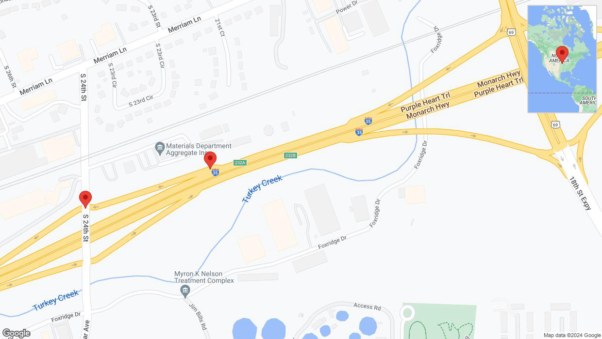 A detailed map that shows the affected road due to 'Broken down vehicle on South 24th Street in Kansas City' on July 15th at 2:09 p.m.