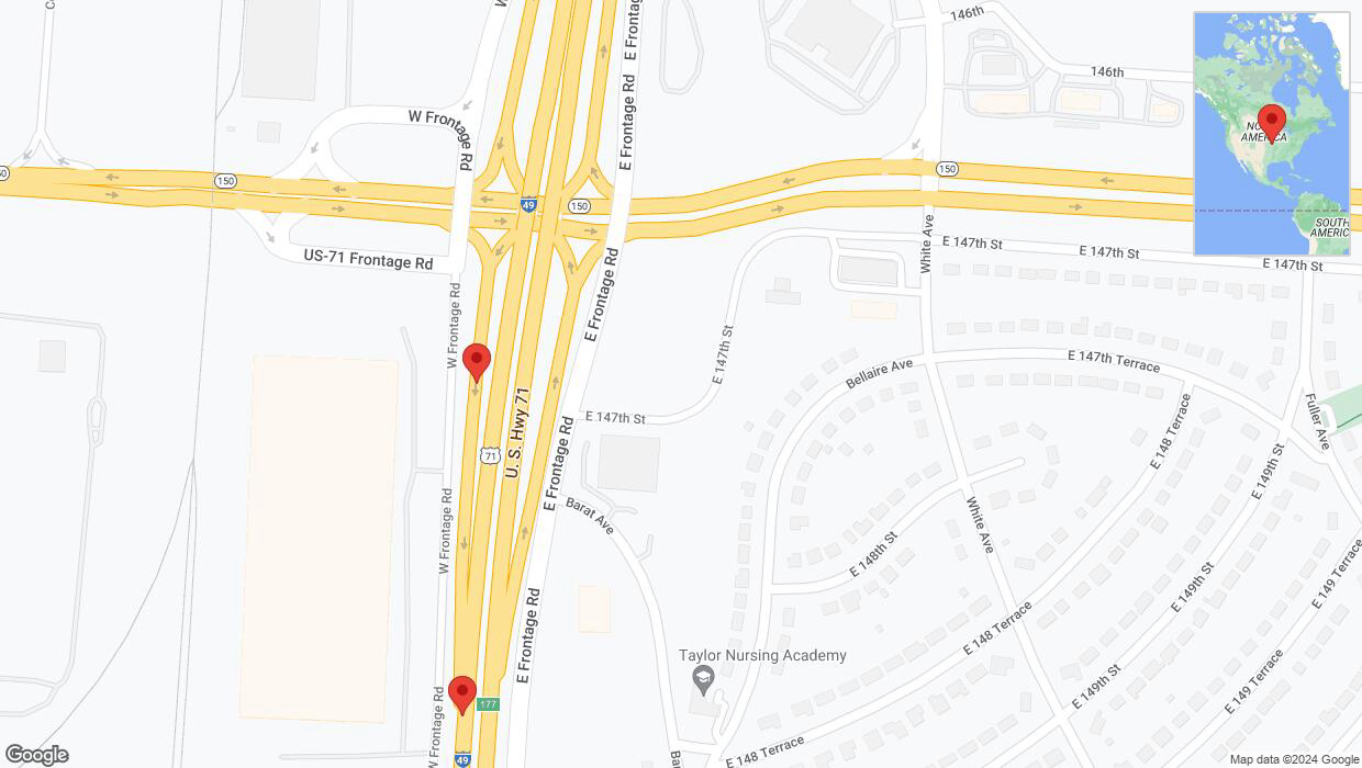 A detailed map that shows the affected road due to 'Broken down vehicle on the U. S. Highway 71 in Kansas City' on July 15th at 3:57 p.m.