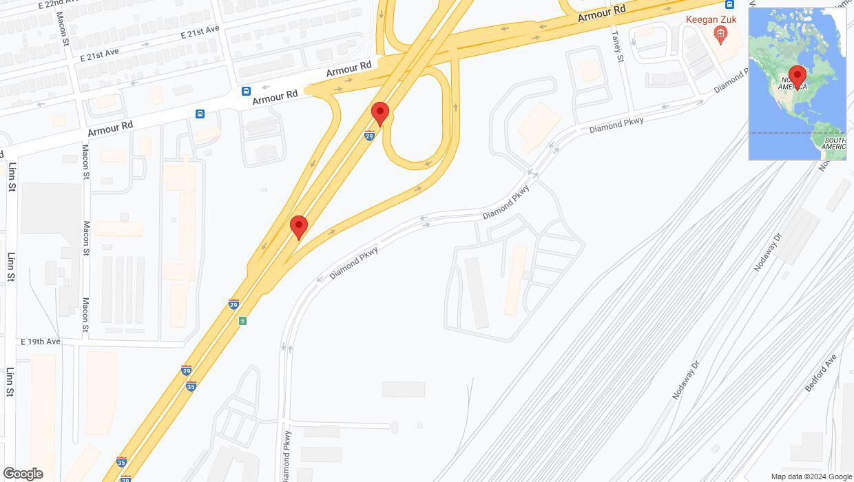 A detailed map that shows the affected road due to 'Broken down vehicle on northbound I-29/I-35 in North Kansas City' on July 20th at 9:59 p.m.