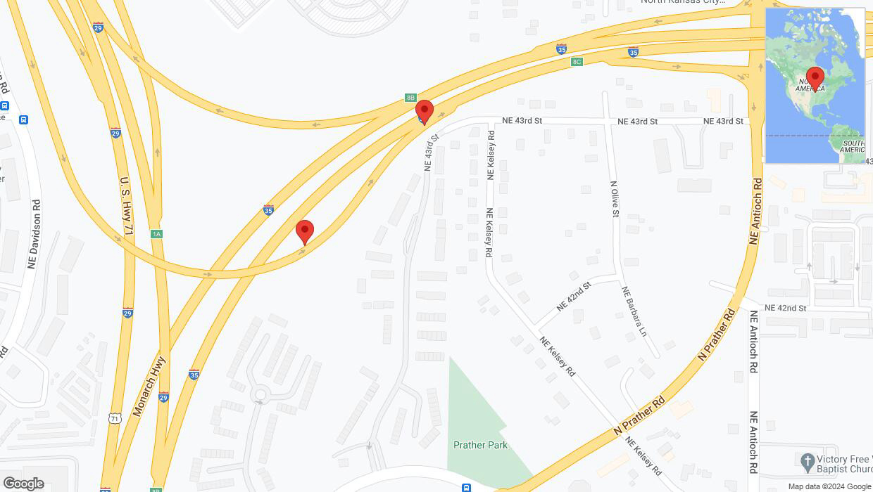 A detailed map that shows the affected road due to 'Broken down vehicle on Northeast Parvin Road in Kansas City' on July 15th at 5:21 p.m.