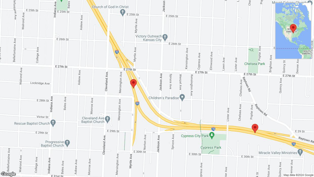 A detailed map that shows the affected road due to 'Warning: Crash on eastbound I-70 in Kansas City' on July 15th at 9:33 p.m.