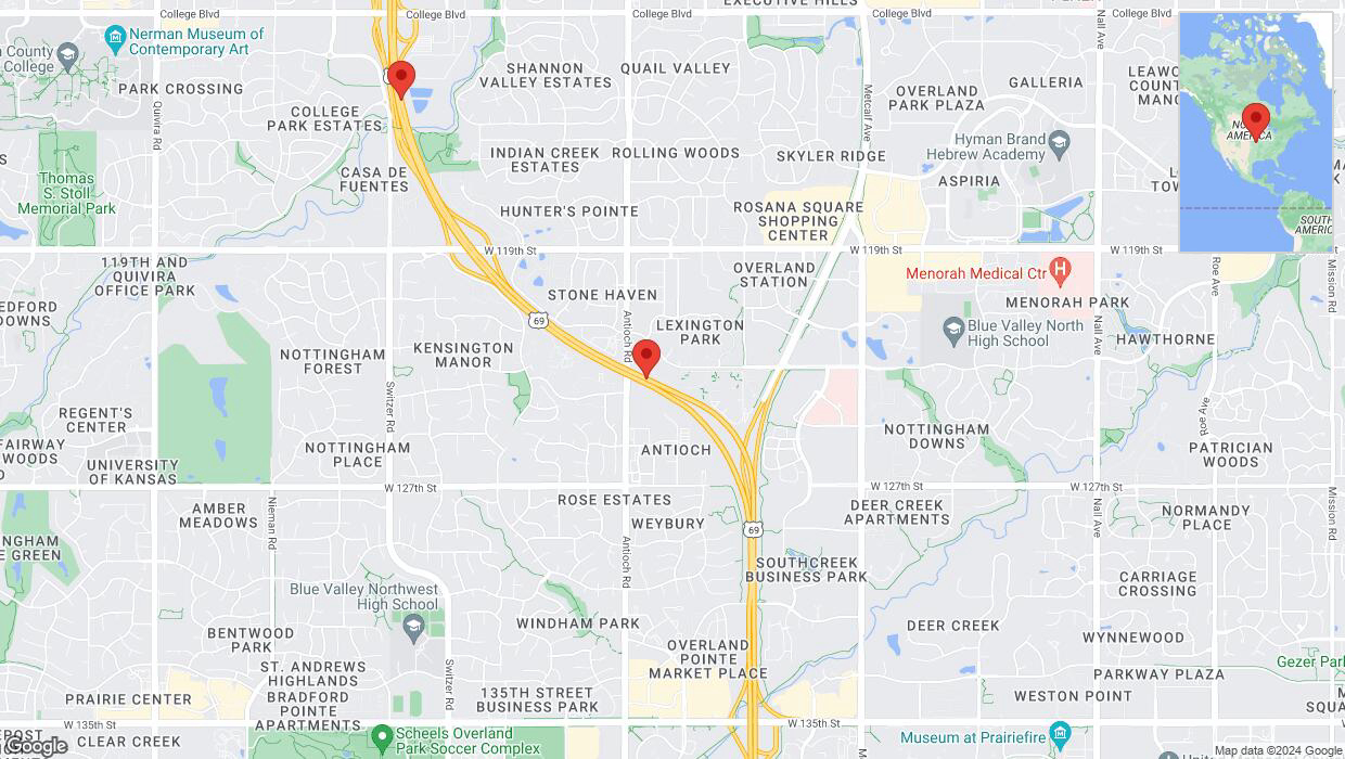 A detailed map that shows the affected road due to 'Lane on US-69 closed in Overland Park' on July 16th at 2:20 p.m.