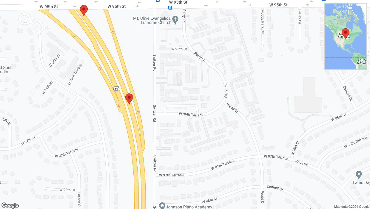 A detailed map that shows the affected road due to 'Broken down vehicle on northbound US-69 in Overland Park' on July 16th at 2:26 p.m.