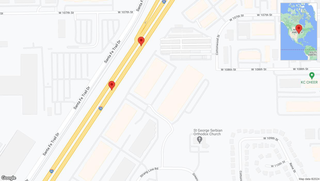 A detailed map that shows the affected road due to 'Broken down vehicle on eastbound I-35 in Lenexa' on July 16th at 7:03 p.m.
