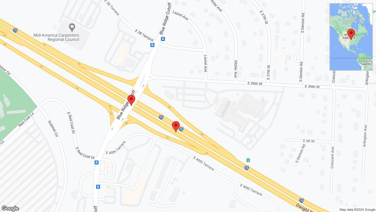 A detailed map that shows the affected road due to 'Broken down vehicle on eastbound I-70 in Kansas City' on July 16th at 10:38 p.m.