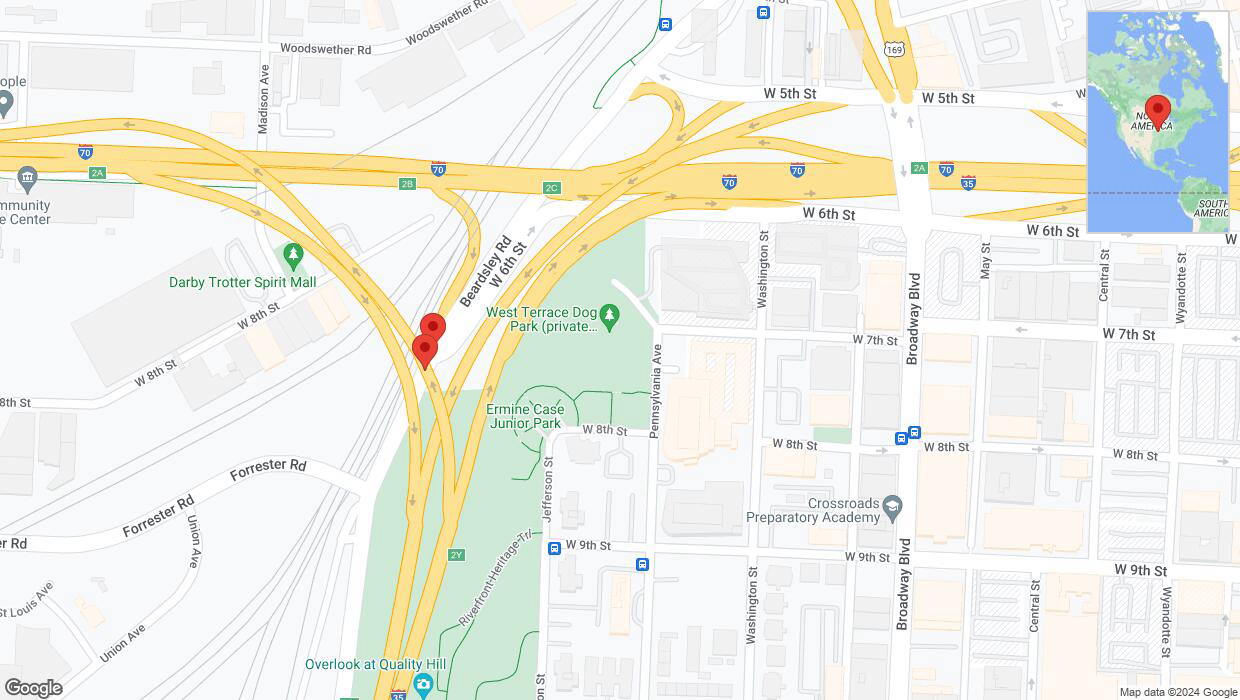 A detailed map that shows the affected road due to 'Saint Louis Avenue closed in Kansas City' on July 16th at 8:44 p.m.