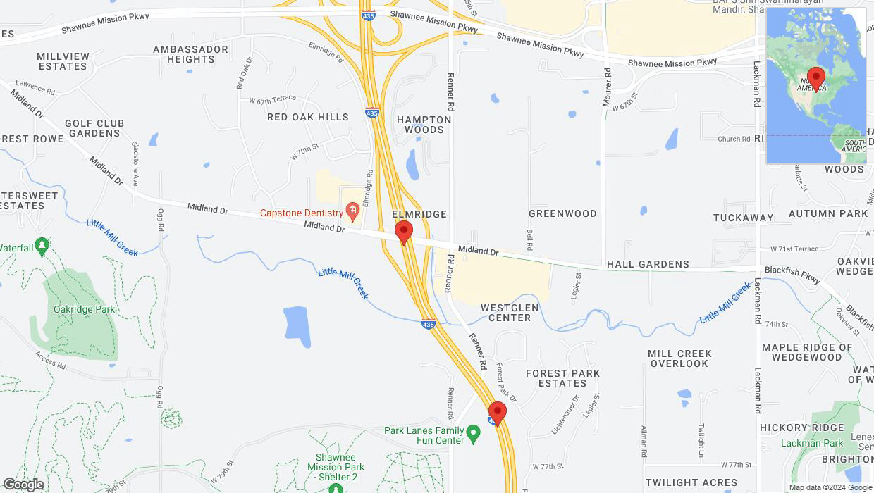 A detailed map that shows the affected road due to 'Lane on I-435 closed in Shawnee' on July 19th at 5:27 p.m.