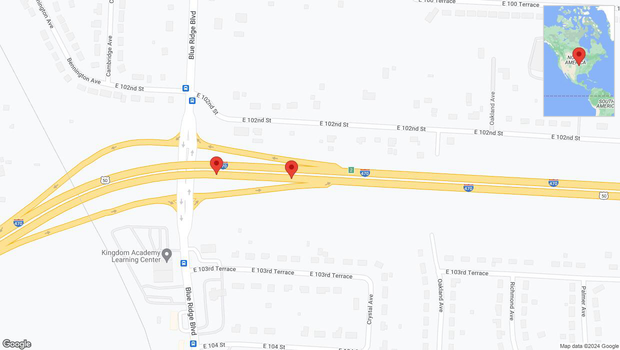 A detailed map that shows the affected road due to 'Broken down vehicle on eastbound I-470 in Kansas City' on July 17th at 2:31 p.m.