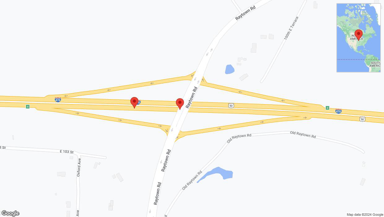 A detailed map that shows the affected road due to 'Broken down vehicle on eastbound I-470 in Kansas City' on July 17th at 2:31 p.m.