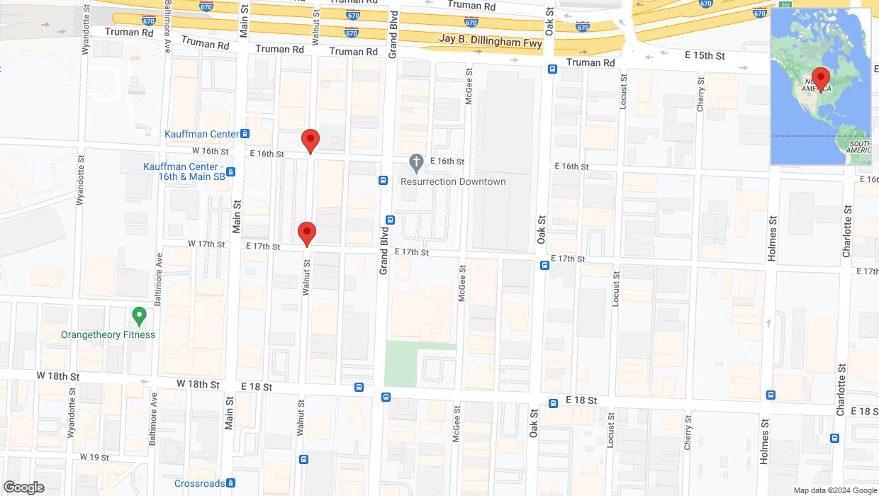 A detailed map that shows the affected road due to 'Walnut Street temporarily closed in Kansas City' on July 17th at 2:19 p.m.