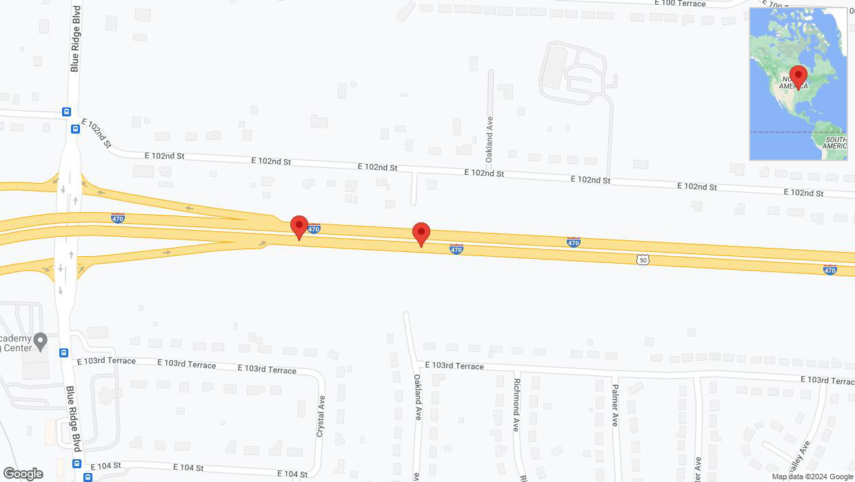 A detailed map that shows the affected road due to 'Broken down vehicle on eastbound I-470 in Kansas City' on July 17th at 2:37 p.m.