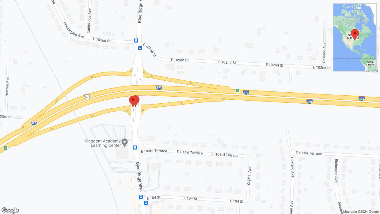 A detailed map that shows the affected road due to 'Broken down vehicle on Blue Ridge Boulevard in Kansas City' on July 17th at 3:43 p.m.