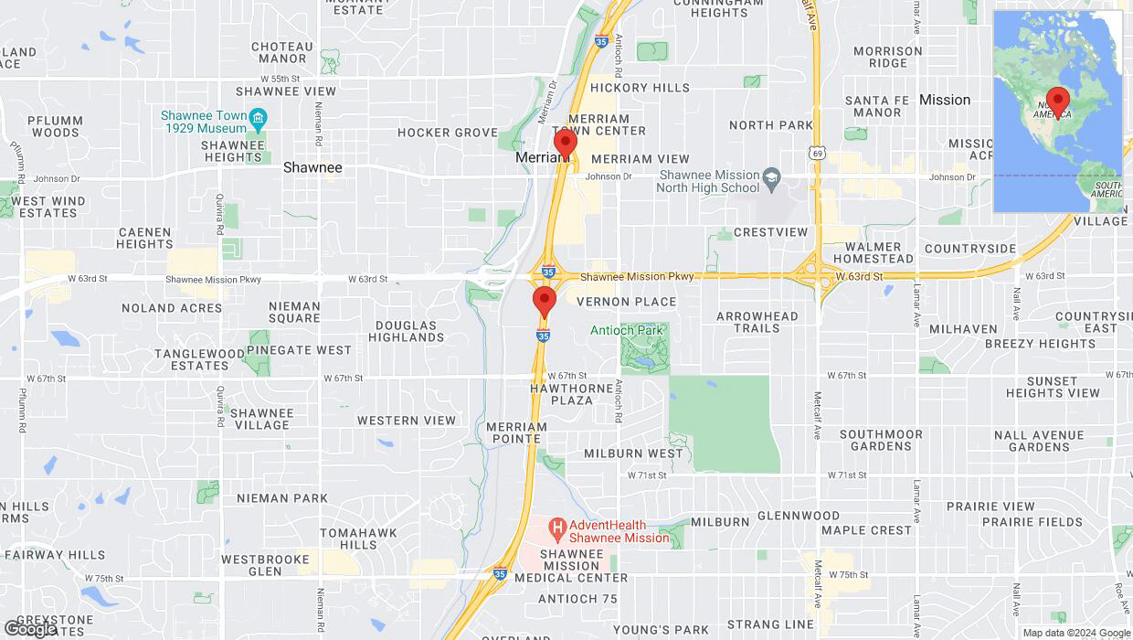 A detailed map that shows the affected road due to 'Crash reported on northbound I-35 in Merriam' on July 17th at 3:43 p.m.